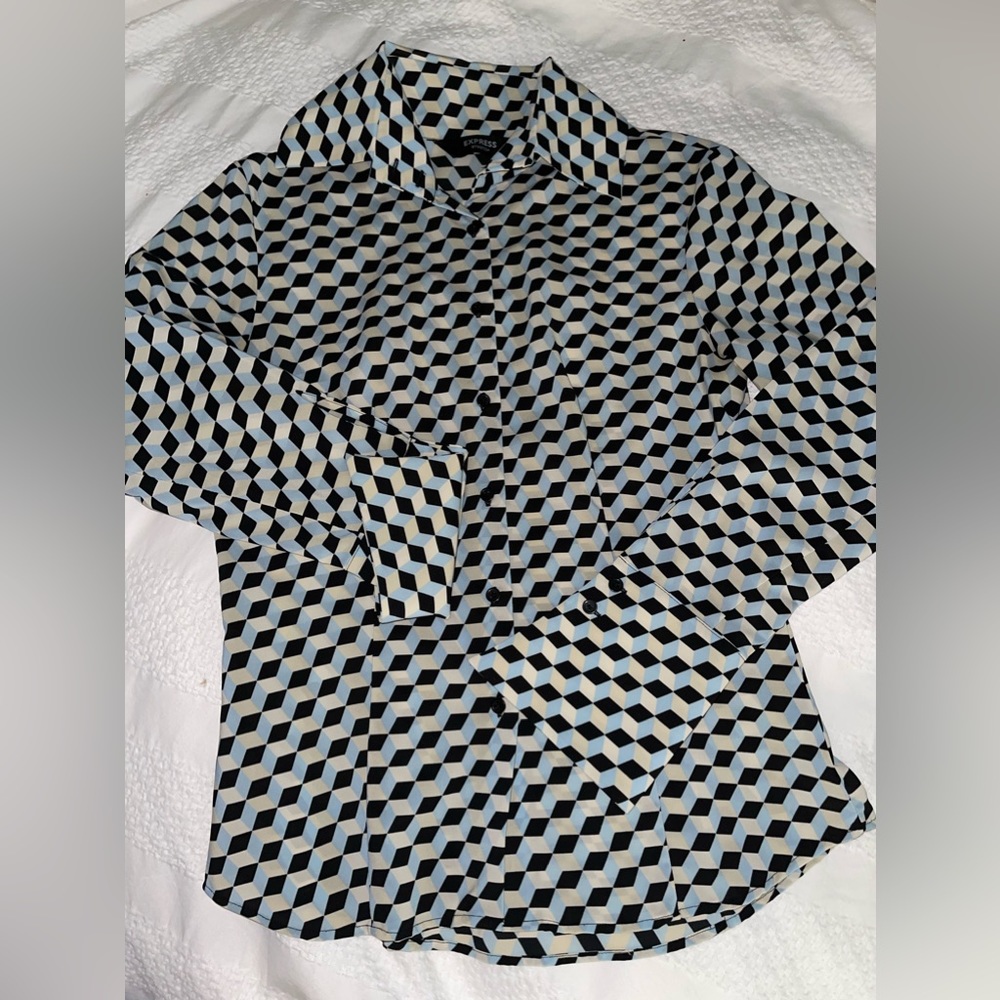 Express Long Sleeve Blouse- Light Blue and black